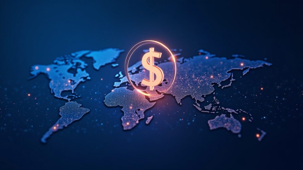 Encabezado fotorrealista que muestra un icono de token USD fusionándose con un mapa resplandeciente de la red Soneium con el motivo de Startale.