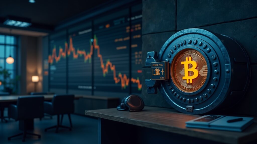 Strategy Inc. compra 1.229 BTC por 108,8 millones mientras Bitcoin ronda los 88.000 dólares Escena de oficina realista que presenta la marca Strategy Inc, imágenes de una bóveda de bitcoin y un ticker digital cerca de 88k.