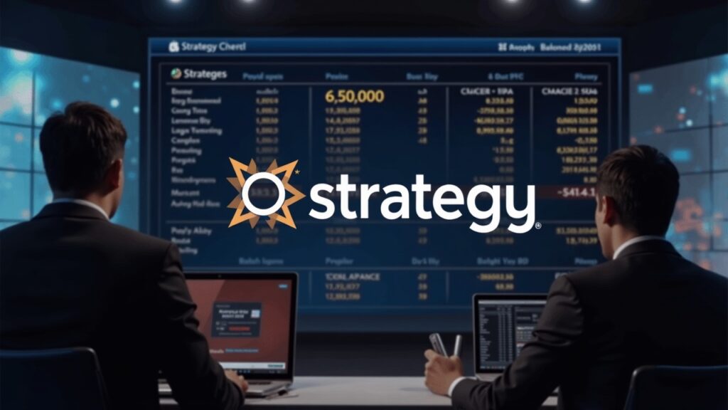 Sala de prensa fotorrealista con el logo de Strategy y un balance iluminado que muestra 650,000 BTC, destacando un proxy de bitcoin resistente.