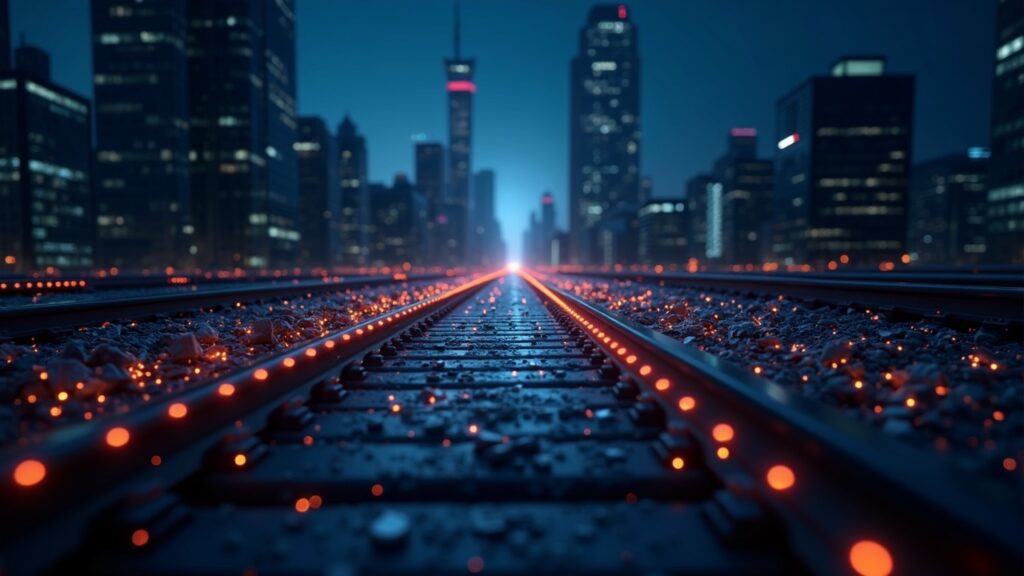 Cabecera fotorrealista de un hub central de la blockchain SUI con raíles luminosos que enlazan BTCfi con Bitcoin frente a un horizonte corporativo.