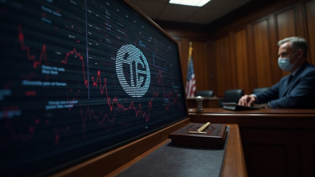 Escena en una sala de audiencias con un juez, el logotipo de Terra disolviéndose en píxeles, un gráfico de pérdidas y hebras de la cadena de bloques.