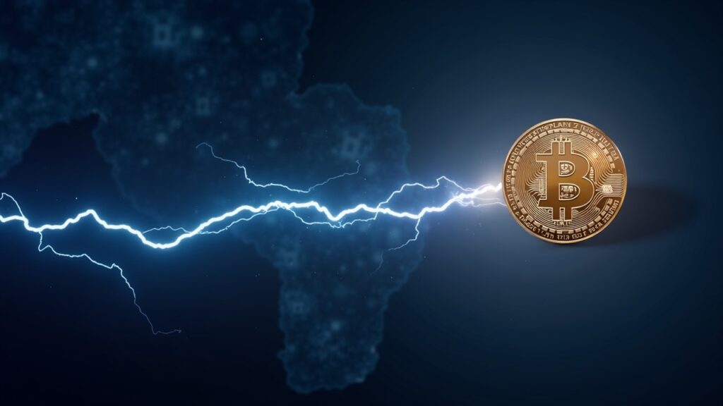 Montaje fotorrealista que muestra un rayo de Bitcoin Lightning entregando USDT a comerciantes con la marca Tether.