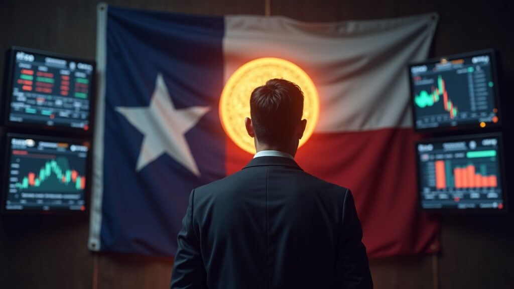 Funcionario fotorrealista de Texas ante una bandera de Texas, un Bitcoin resplandeciente y cotizaciones de ETF que señalan una reserva institucional de criptomonedas.