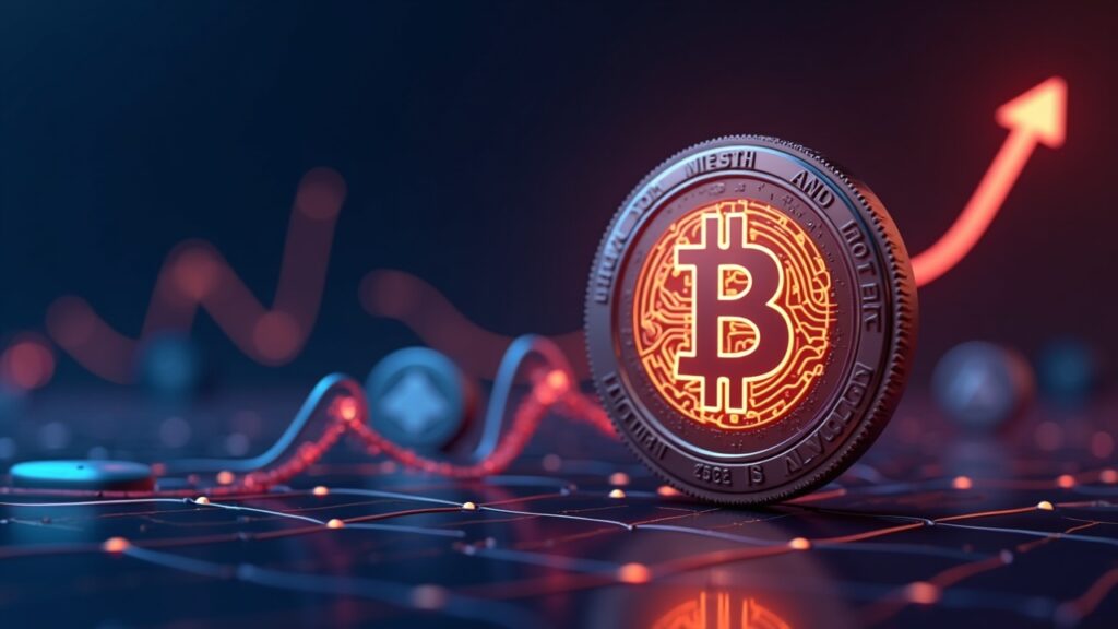 Escena cripto fotorrealista con Bitcoin en primer plano, iconos de ETH, SOL y ADA desvaneciéndose, cuadrícula neón y flechas ascendentes.