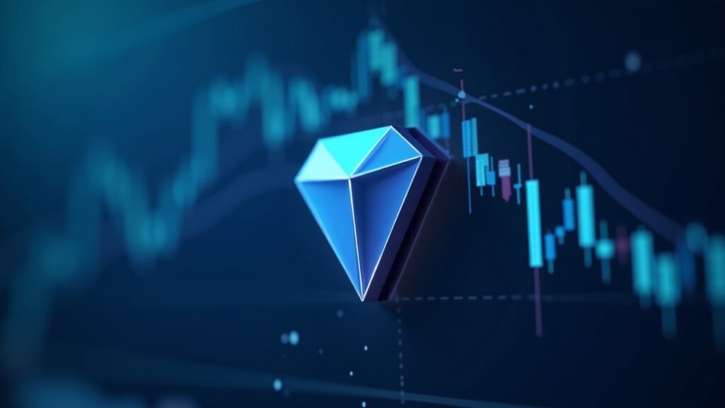 TON amplía su caída y cae más que el mercado cripto en general Primer plano del logotipo de TON sobre un gráfico de precios en caída con un fondo de redacción azul y una marca de agua de interrupción de datos.