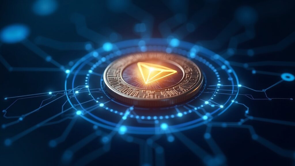 Primer plano fotorrealista de un Toncoin brillante encerrado en un holograma translúcido de Cocoon con acentos de circuito azul de Telegram.