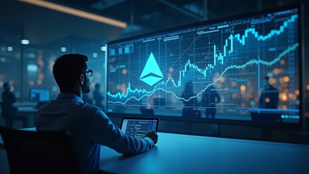 Inversor corporativo fotorrealista en una sala de redacción elegante con gráficos holográficos de ETH y un logotipo de Aave