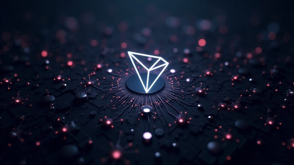 Emblema futurista de TRON centrado entre nodos de red luminosos y monedas estables que fluyen, simbolizando el crecimiento de usuarios y la utilidad.
