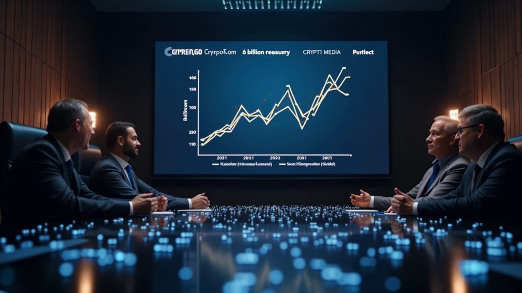 Trump Media y Crypto.com lanzan tesorería de $6 mil millones en Cronos (CRO) Sala de juntas fotorrealista con gráfico del token Cronos, Crypto.com y marcas Trump, tesorería SPAC de $6B, nodo validador.