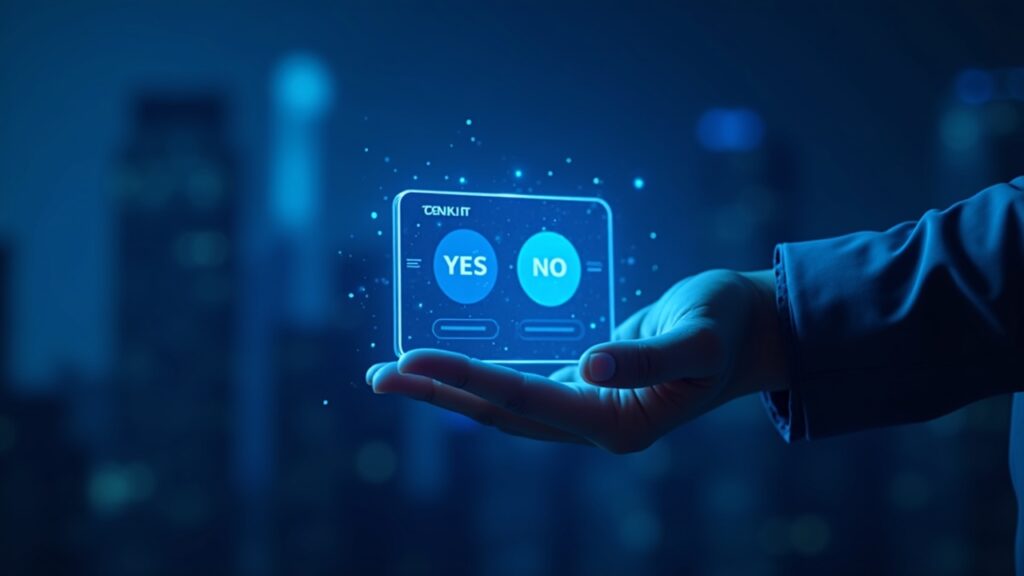 Interfaz fotorealista de Trust Wallet que muestra predicciones en cadena SÍ/NO, liquidez luminosa, sostenida por un usuario.