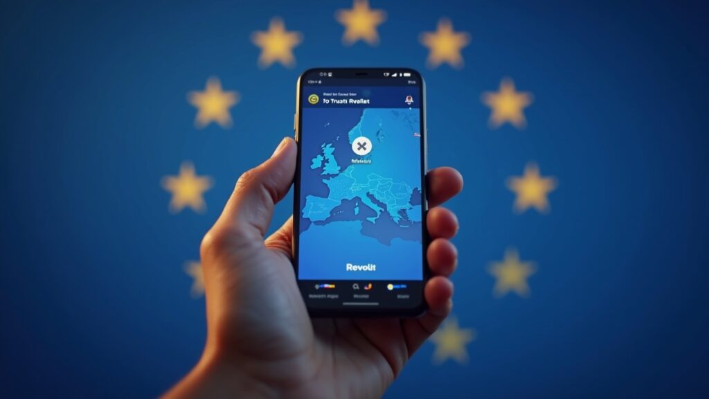 Trust Wallet aprovecha a Revolut para compras de criptomonedas en Europa Mano sosteniendo un smartphone que muestra Trust Wallet con la marca Revolut, fondo con el mapa de la UE, ilustrando la autocustodia mediante canales regulados.