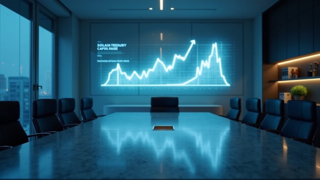 Sala de juntas futurista con el logotipo de Solana en el vidrio, una curva de equidad ascendente y un documento de registro 'shelf' que señala una captación de capital para la tesorería.