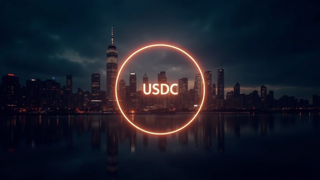 Círculo USDC fotorrealista brilla, enlazando los skylines de dos ciudades del mundo mediante una red cross‑chain.
