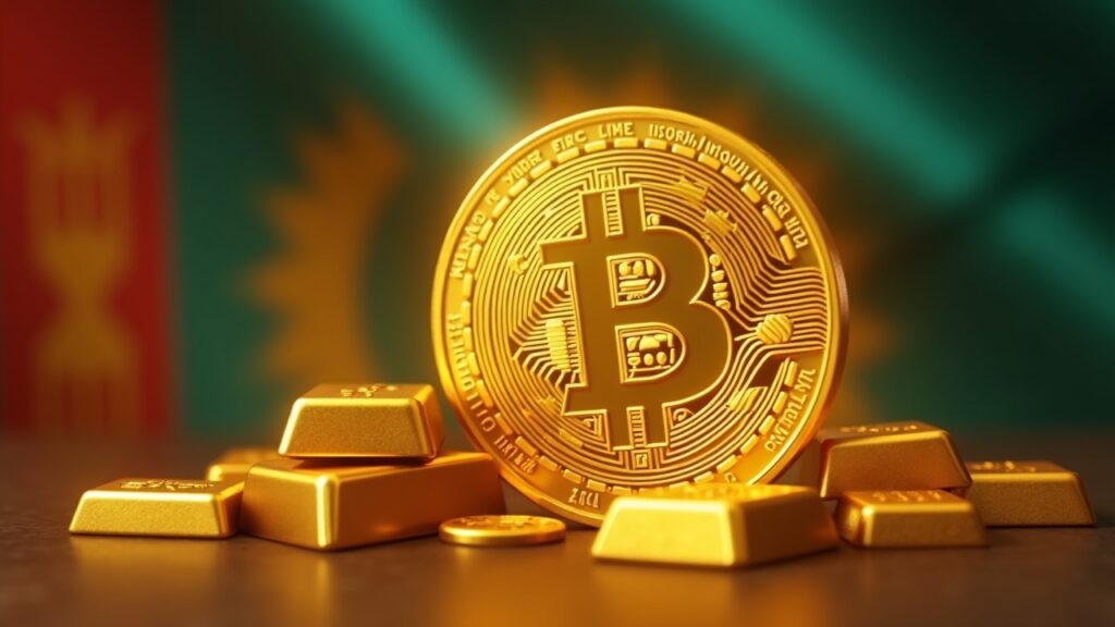 Una auditoría confirma que las reservas de oro respaldan la stablecoin USDKG de Kirguistán Primer plano fotorrealista de lingotes de oro junto a un token USDKG brillante con la bandera kirguisa de fondo.