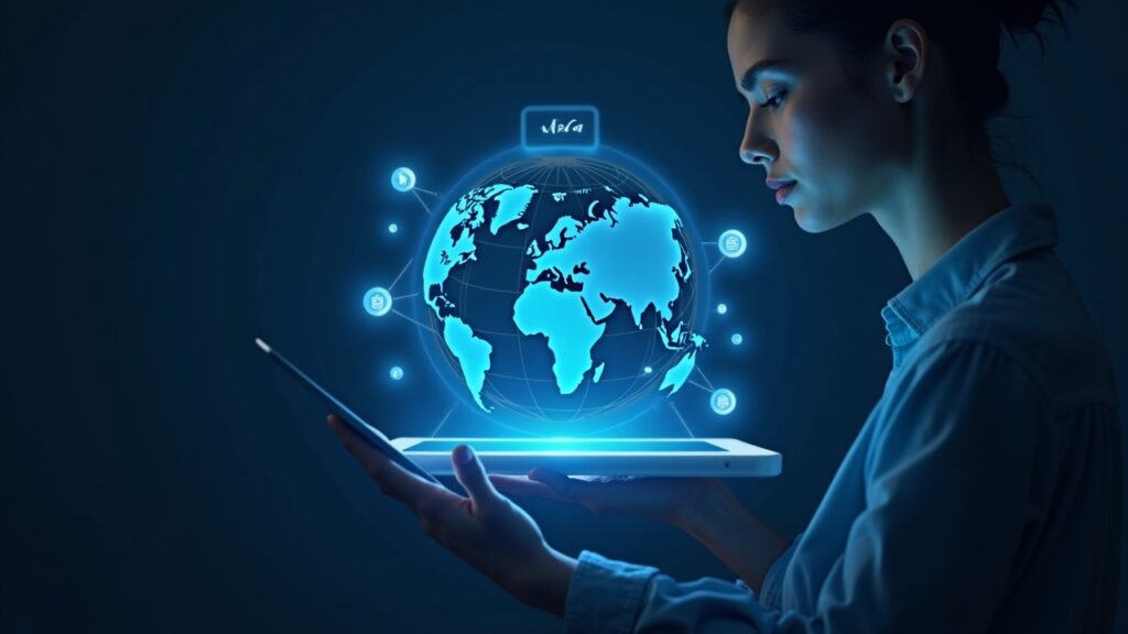 Visa lanza asesoría de stablecoins mientras el mercado supera los $300 mil millones Escena fotorrealista de Visa: globo holográfico con íconos de stablecoins conectados por rieles brillantes; un banquero revisa una tableta.