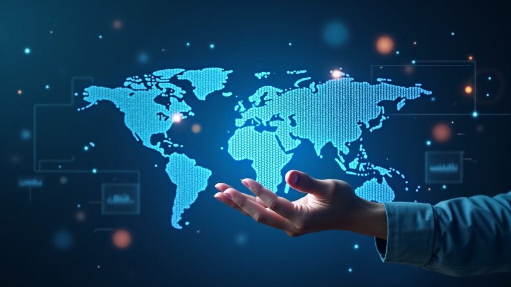 Una persona interactúa con un panel holográfico de Web3; redes intercadena orbitan un mapa global con mercados impulsados por IA.