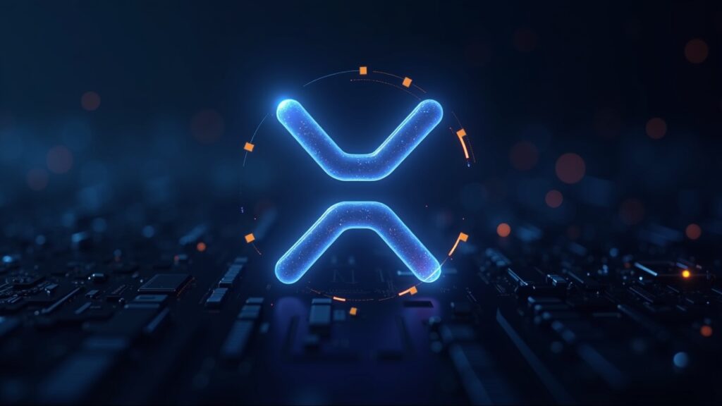 Logotipo fotorrealista de XRP, centrado, con una flecha hacia abajo y un eje de precios neón en 1.75, sobre un sutil fondo de circuitería blockchain.