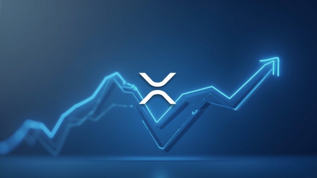Logotipo de XRP centrado con flechas que muestran entradas de ETF frente a un sutil gráfico de precios descendente en un entorno moderno de sala de prensa de criptomonedas.