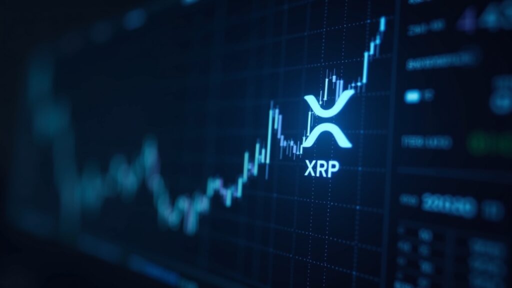 Toma central fotorrealista de un gráfico en ascenso con el logotipo de XRP en una pantalla digital y los tickers de ETF