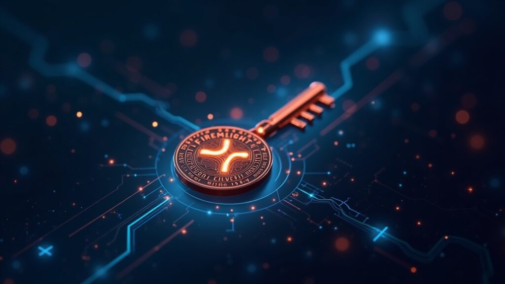 Llega la participación de XRP con el lanzamiento del Protocolo Firelight Token XRP como una llave digital luminosa, con la marca Firelight Protocol sobre un centro financiero futurista, destacando la participación y la descentralización.