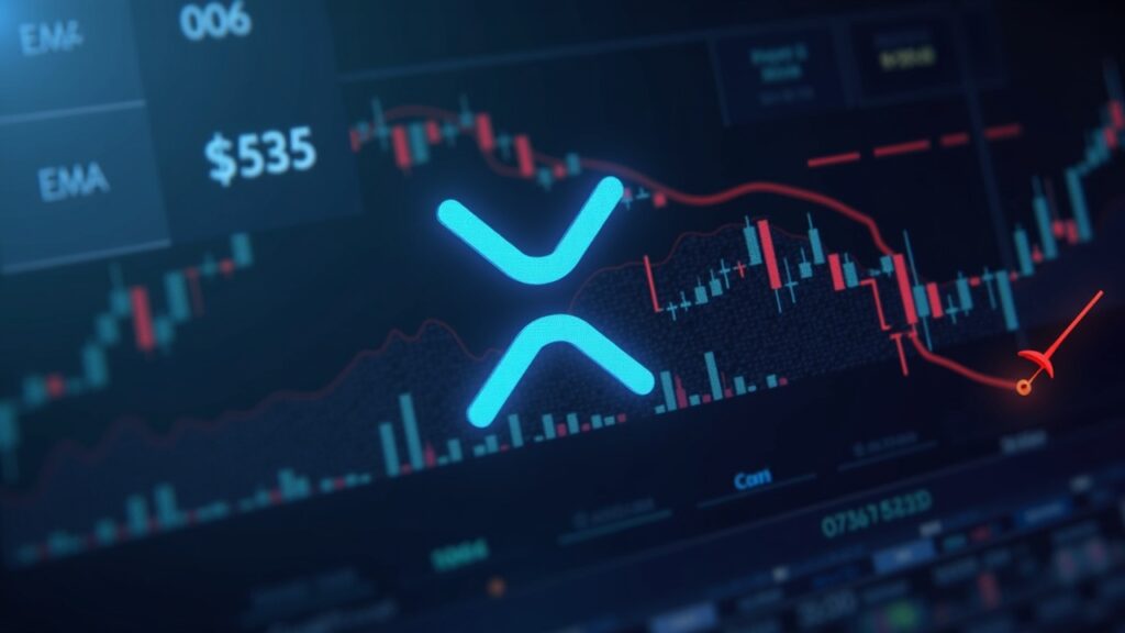 Escena de sala de redacción con un logotipo de XRP centrado sobre un gráfico que muestra un canal descendente bajista y una caída de precio en rojo.