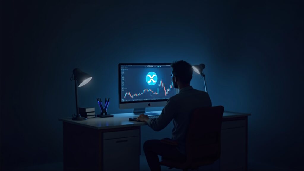 Comerciante cripto fotorrealista analiza el gráfico de XRP que se aproxima a una ruptura, icono de XRP brillando en un ambiente de sala de redacción impulsado por la volatilidad.