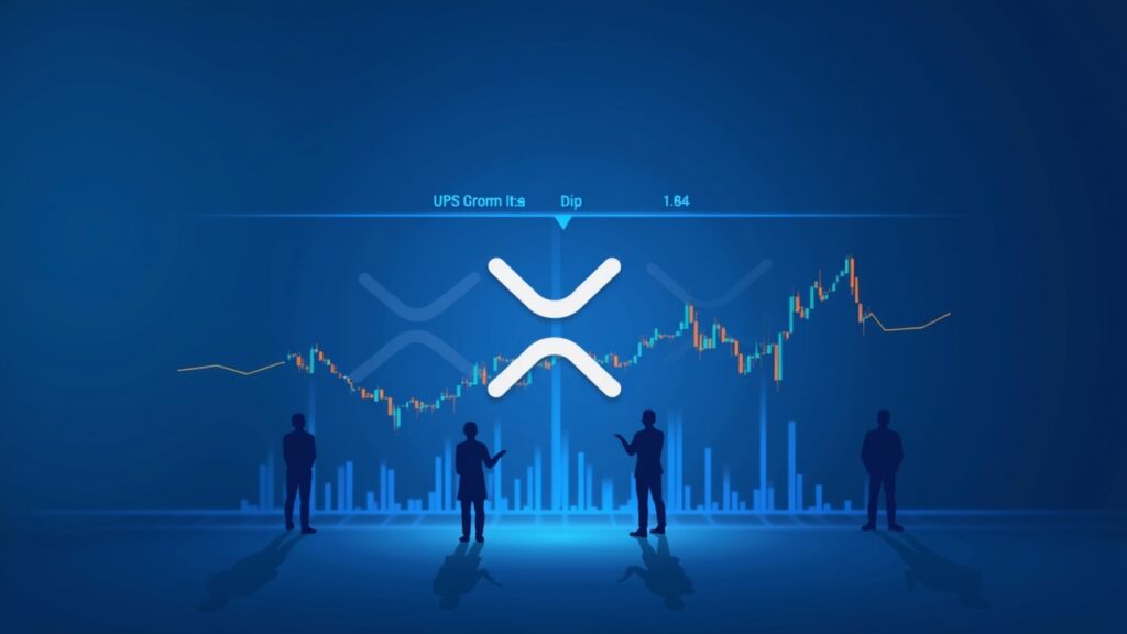 Logotipo de XRP sobre un gráfico de precios en vivo que rompe por encima de 1.84 con siluetas de operadores institucionales en una paleta azul de sala de redacción.