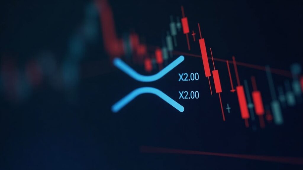 XRP Retrocede tras Fallar por Tercera Vez Ruptura de los 2,00 Dólares Logotipo fotorrealista de XRP frente a un gráfico de precios de criptomonedas que muestra la resistencia en $2.00 y un fuerte pico de volumen.
