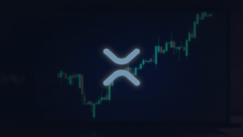Logotipo fotorrealista de XRP sobre un gráfico de precios alcista resplandeciente que rompe por encima de 2.15 en una elegante pantalla de trading.