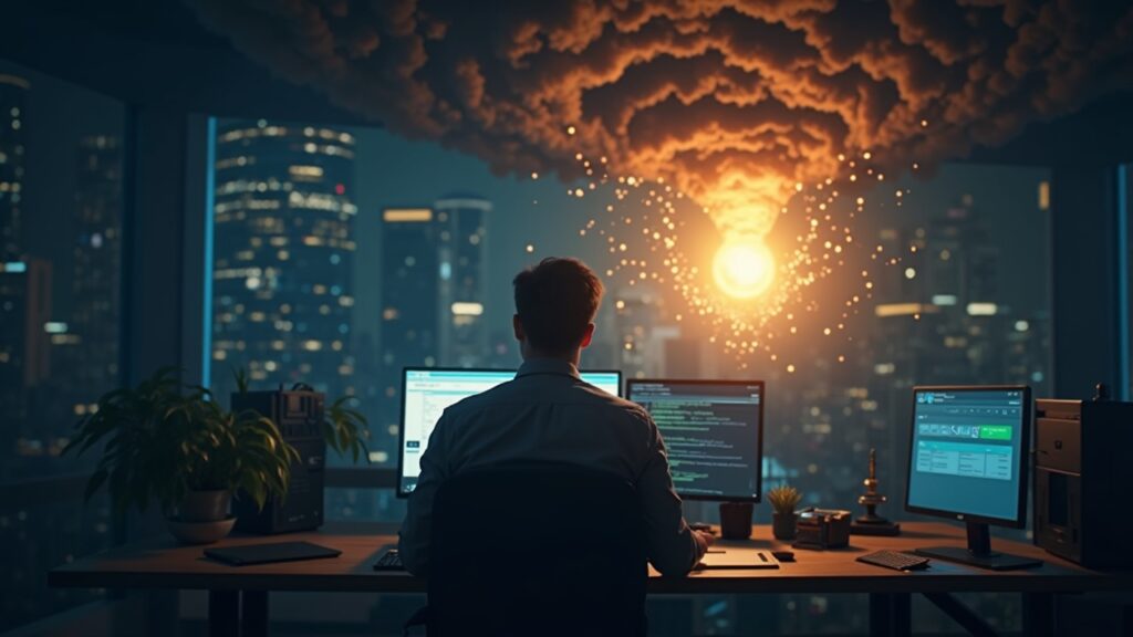 Escena fotorrealista de una sala de redacción con un analista de seguridad observando el flujo de ETH hacia un orbe de Tornado Cash, señalando un hackeo DeFi.