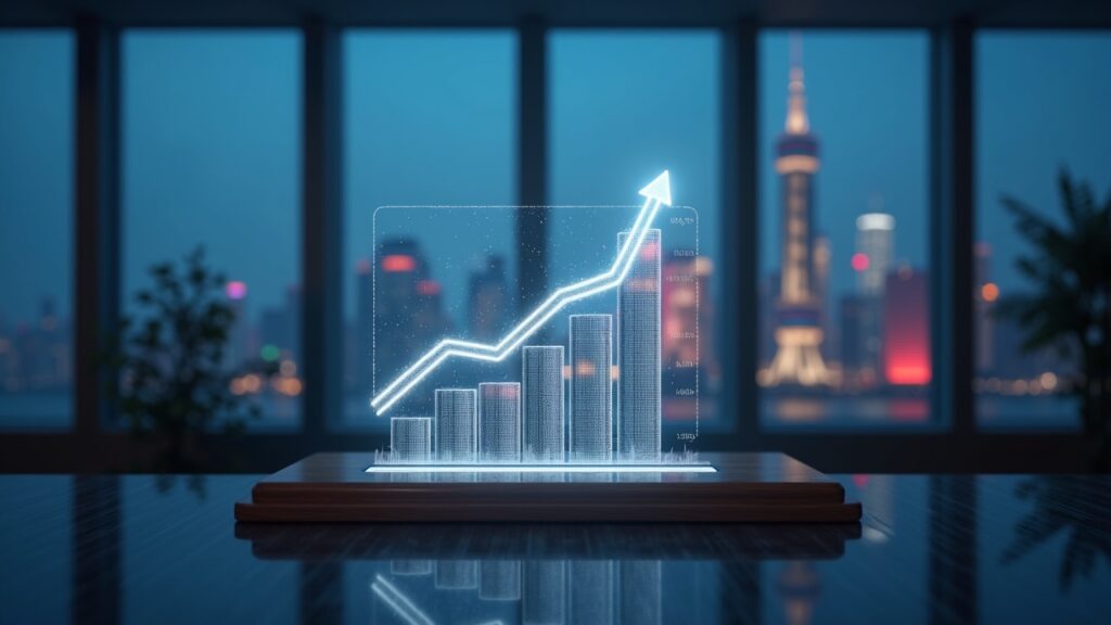 Encabezado fotorrealista que muestra el escritorio de un banco central con un holograma del yuan digital, un gráfico de tasas de interés en alza y el horizonte de Shanghái.