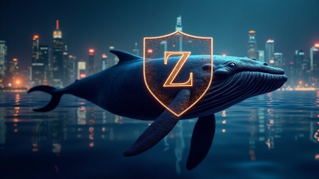 Zcash cae bajo los 400 dólares pero las ballenas aumentan su tenencia un 21% Encabezado fotorrealista con un escudo de Zcash sobre la silueta de una ballena, gráfico de precios cerca de $400 y un paisaje urbano digital.