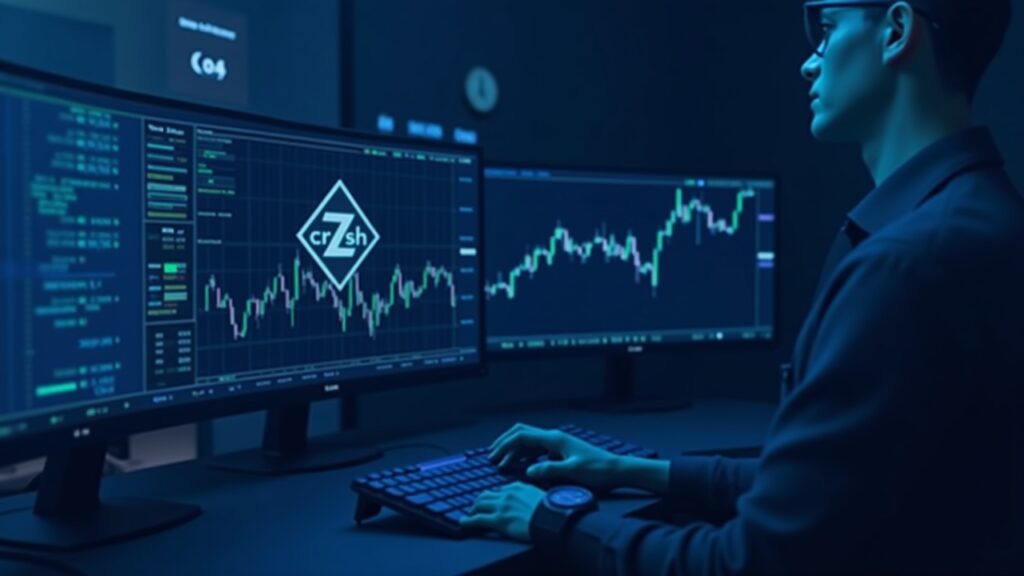 Escritorio fotorealista de un operador cripto con el logo de Zcash en el monitor, gráfico de velas y una línea 404 en negrita en tonos azules.