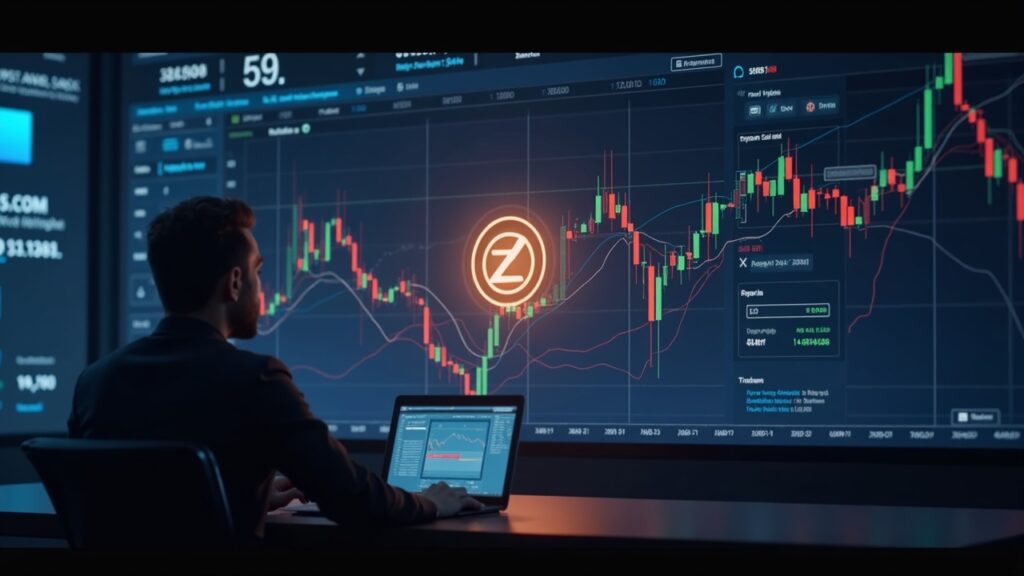Un trader analiza un gráfico luminoso del precio de Zcash que rompe la resistencia 594–610 en medio de datos holográficos y un elegante telón de fondo tipo sala de redacción cripto.
