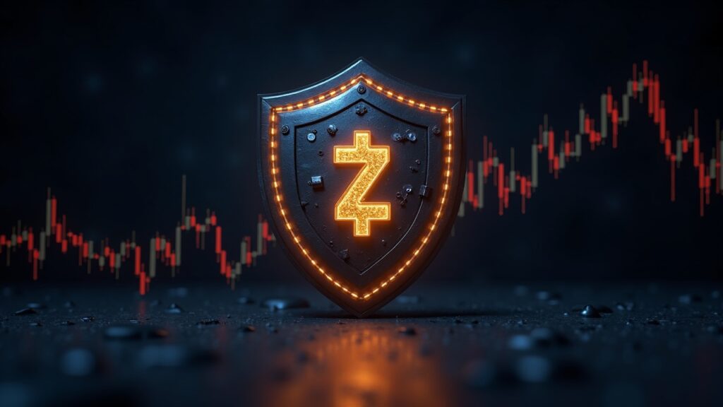 Bóveda blindada fotorrealista iluminada con líneas zk-SNARK detrás de un gráfico de precio de 348, simbolizando la privacidad de Zcash.