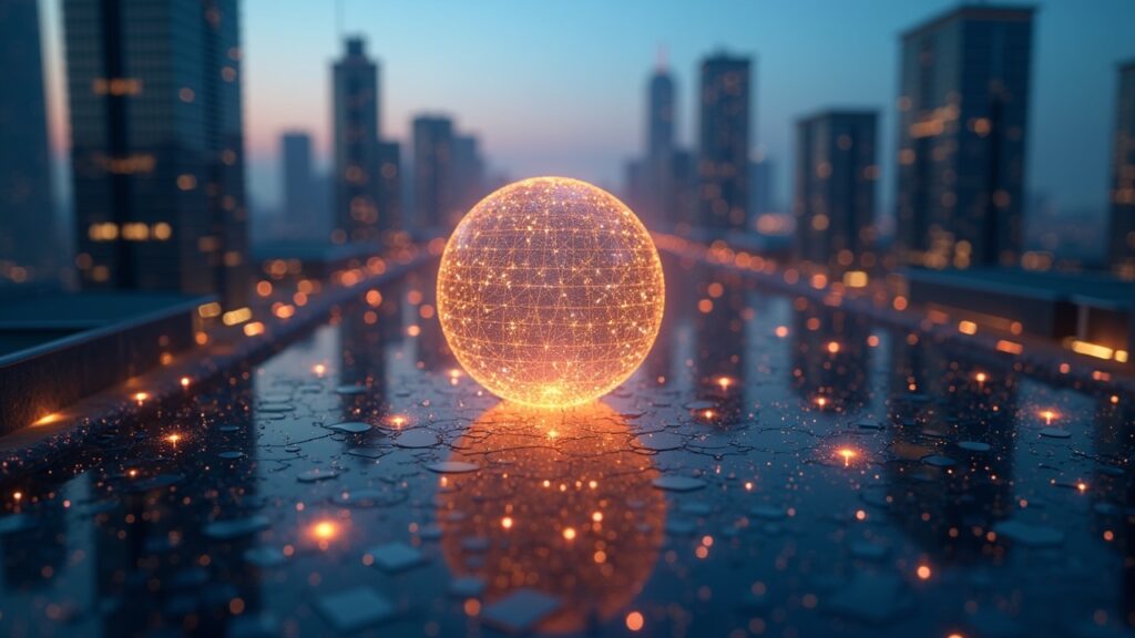 Paisaje urbano fotorrealista con una esfera brillante de activos tokenizados que conecta una torre bancaria y una retícula de cadena de bloques.
