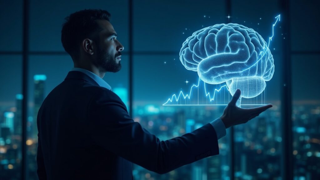 Anthropic busca elevar su valoración a 350 mil millones con ronda de inversión Un banquero fotorrealista estudia un cerebro de IA holográfico con un gráfico de acciones ascendente que muestra 350.000 millones y 10.000 millones.