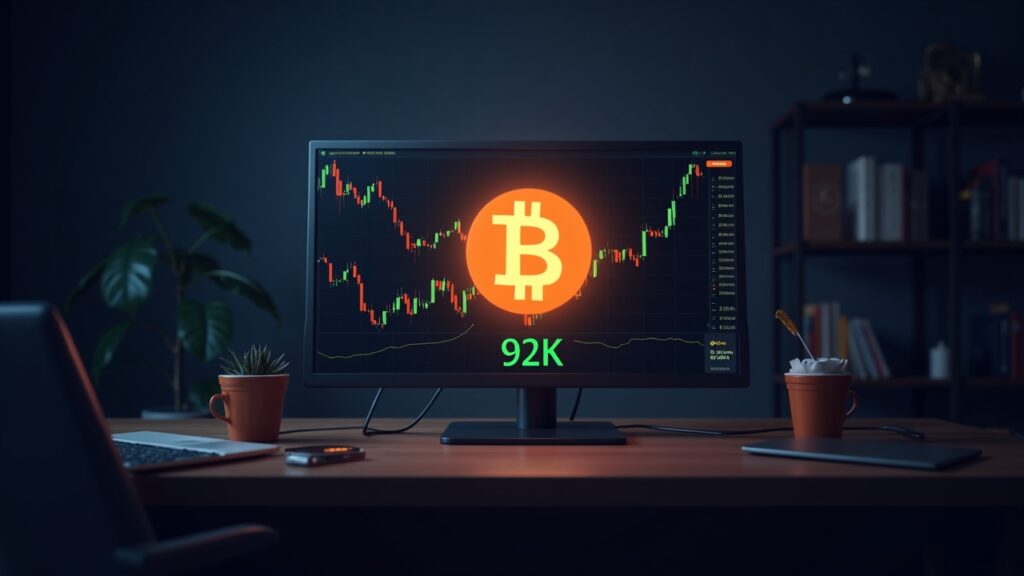 Escritorio de trading fotorrealista con Bitcoin cerca de 92k y visuales de acciones asiáticas y petróleo en alza.