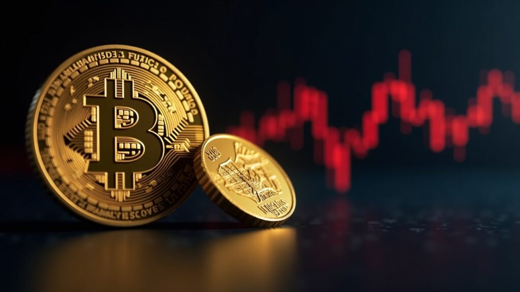 Cabecera fotorrealista: icono de Bitcoin se desvanece a la izquierda, lingote de oro en el centro y una pantalla de trading con flecha roja que indica tensión por aversión al riesgo.