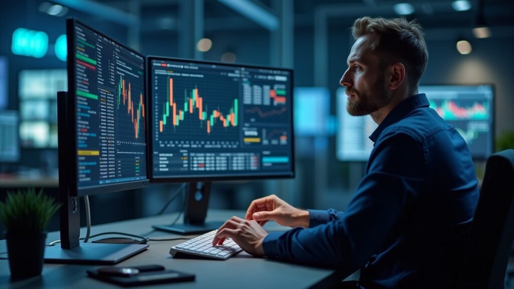 Escena de sala de prensa con un analista monitoreando Bitcoin cerca de 90k mientras Ark Invest compra acciones de infraestructura cripto.