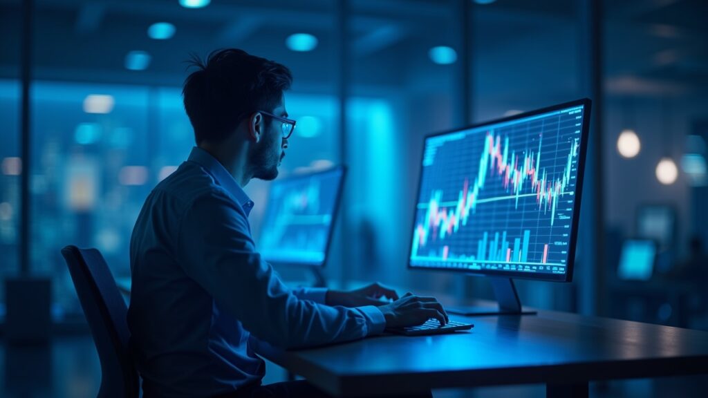 Nuevas reglas para opciones de ETF de Bitcoin y Ether impulsarán liquidez institucional global Trader fotorrealista en un escritorio de redacción azul neón analiza gráficas ascendentes holográficas de opciones ETF de BTC y ETH.