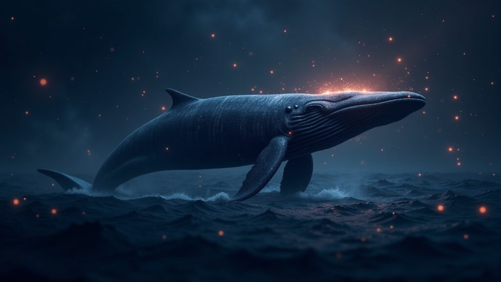 Ballena inactiva de Ethereum transfiere 250 millones a Gemini tras nueve años de letargo Encabezado fotorrealista: una ballena de Ethereum dormida despierta, transfiriendo 85,000 ETH a Gemini con un resplandor de datos en cadena.