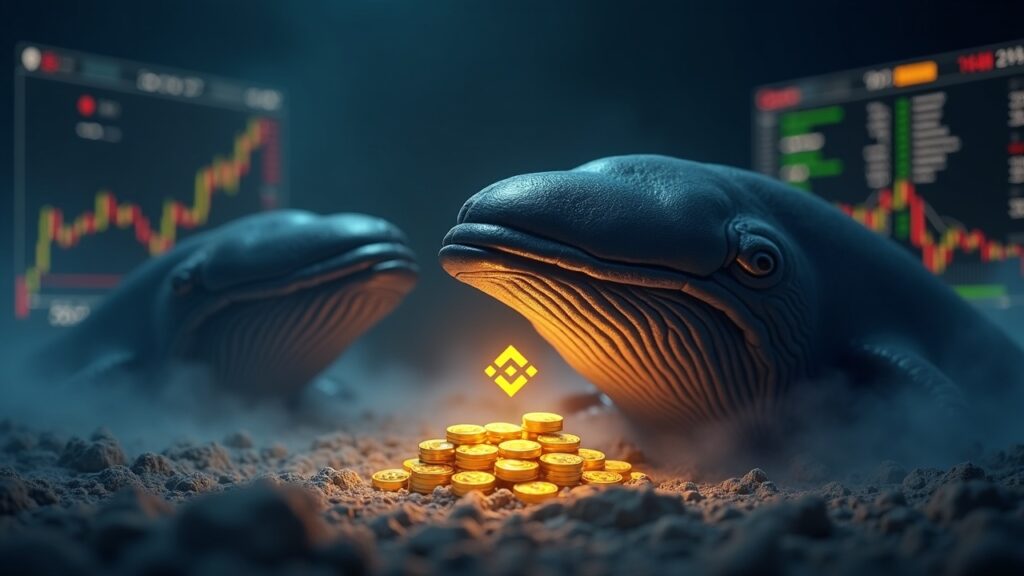 Transferencias de ballenas cripto de monedas brillantes hacia un logo de Binance, con pantallas de trading apagadas e íconos regulatorios desvanecidos.