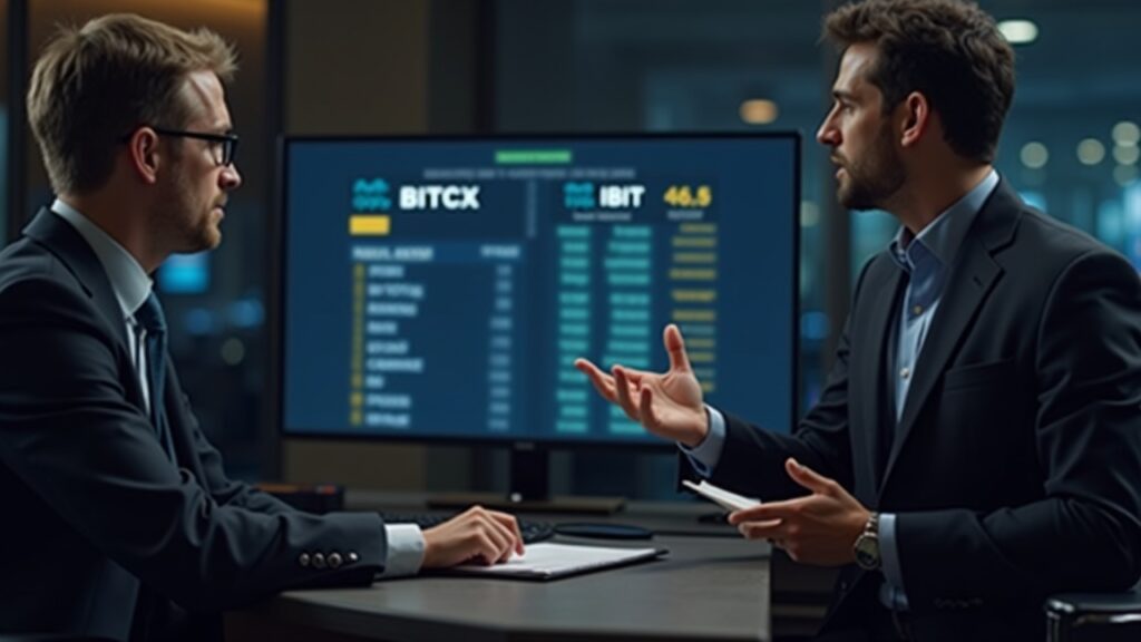 Asesor financiero explica ETF de Bitcoin regulados a un cliente en un escritorio bancario, pantalla muestra BITB FBTC BTC IBIT