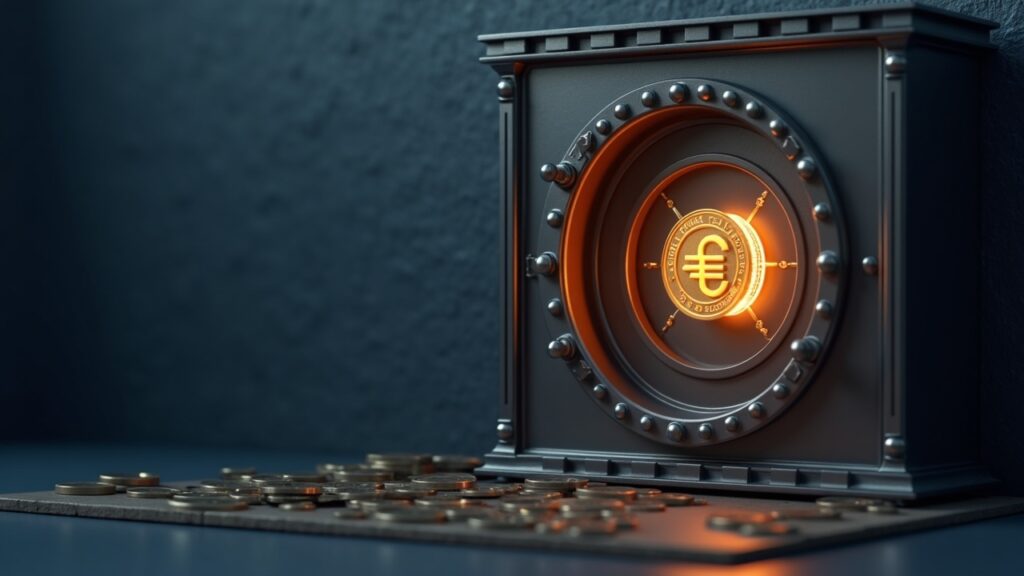 Fachada fotorrealista del Bank of Italy con un token de euro brillante anclado a una bóveda bancaria segura.