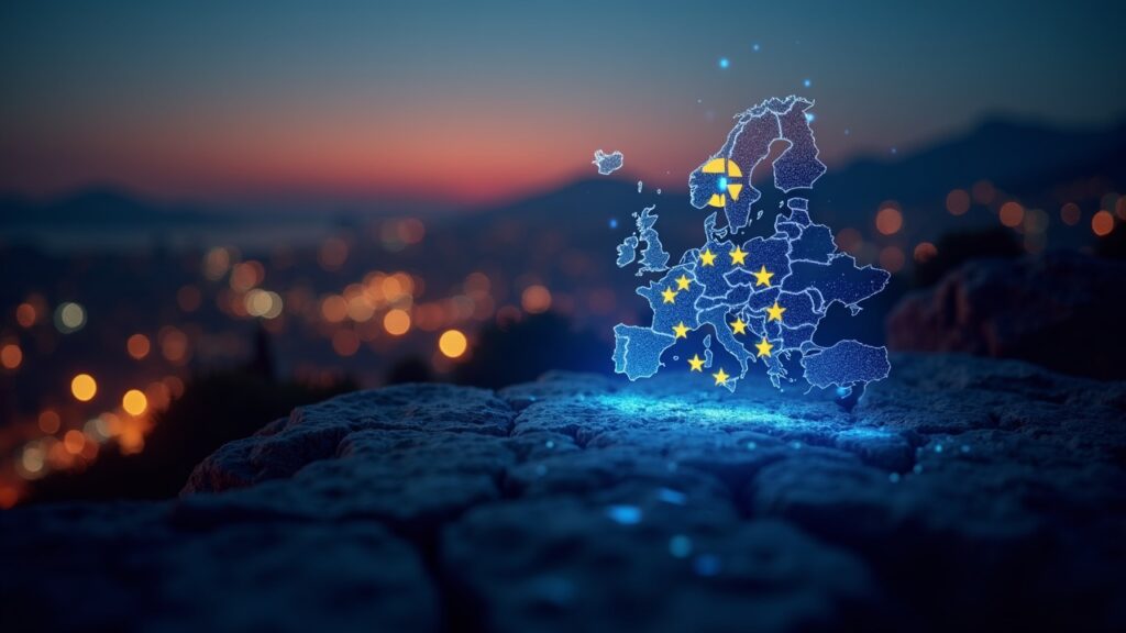 Paisaje urbano griego crepuscular fotorrealista con holograma de Binance, bandera de la UE y un mapa digital que muestra la licencia MiCA.