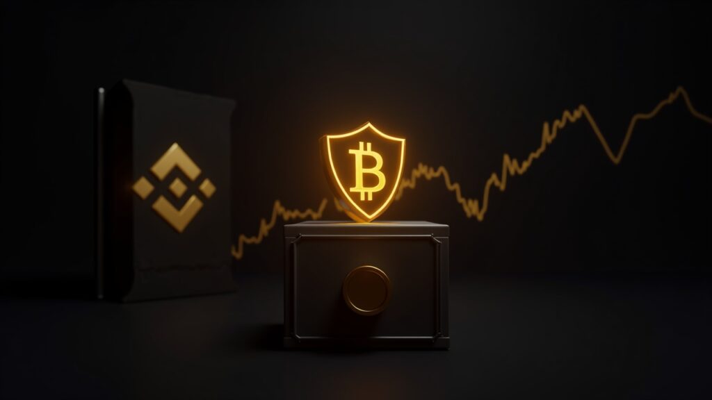 Cabecera fotorrealista de sala de redacción: Bitcoin como un escudo luminoso sobre una bóveda segura, logotipo de Binance y un gráfico de caída del mercado.
