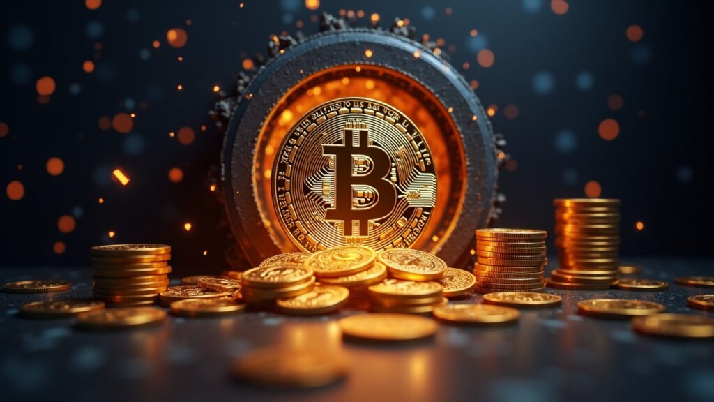 Direcciones de acumulación de Bitcoin absorben 60.000 BTC mientras los mineros incrementan ventas Bitcoin fotorrealista con monedas fluyendo hacia una bóveda digital mientras los equipos de minería se desvanecen; los niveles de precio brillan en 91k, 94,7k y 100k.