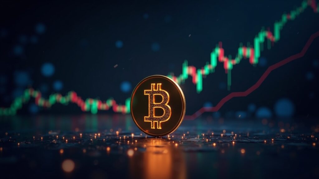 Sala de redacción cripto realista: Bitcoin subiendo en un gráfico de precios digital mientras las altcoins se disparan y los operadores reaccionan a una compresión de cortos.