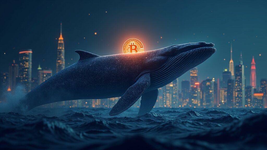 Silueta hiperrealista de una ballena de Bitcoin elevándose sobre un horizonte de blockchain con gráficos de datos en alza.